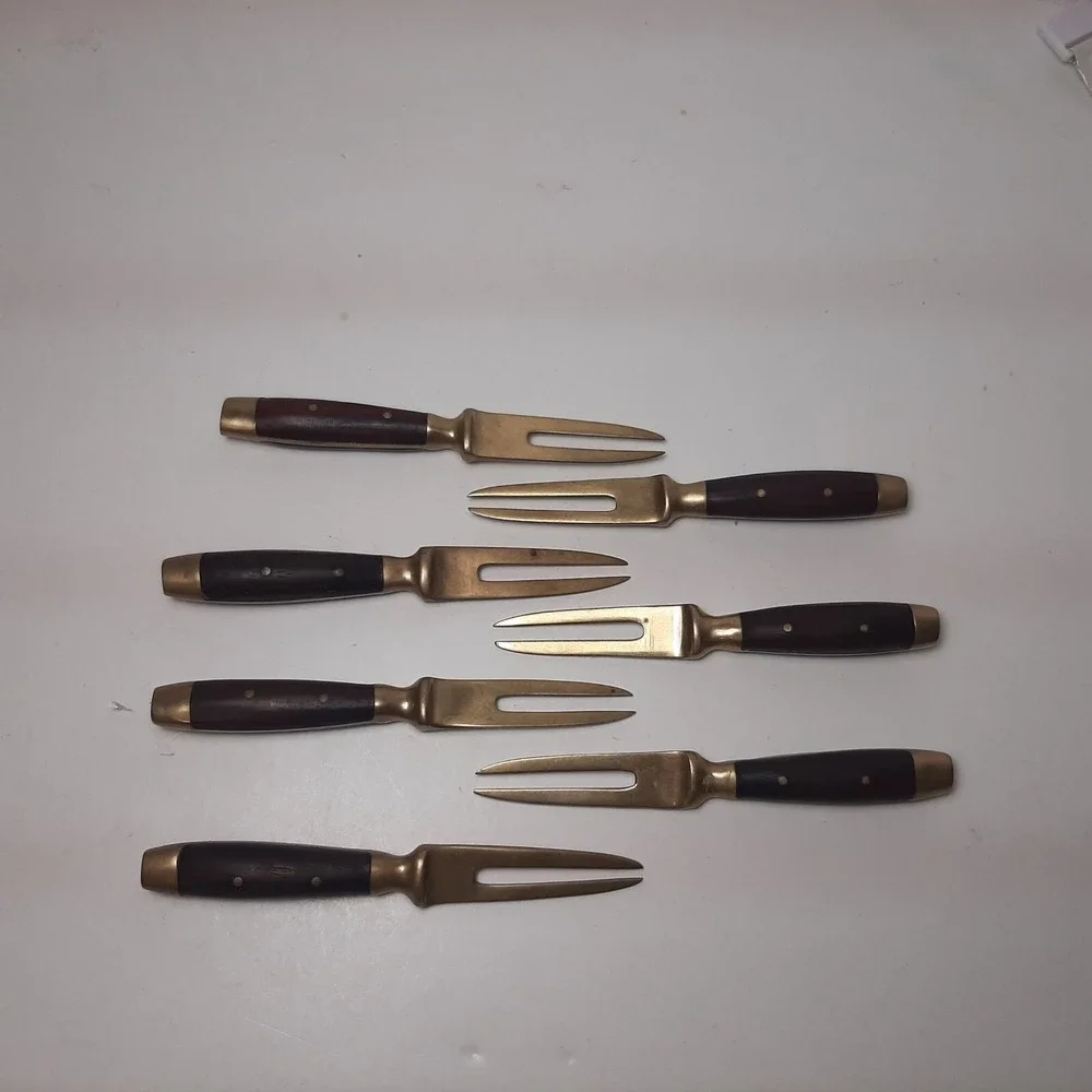 7 Vintage Brass Appetizer Cocktail Seafood Forks Skewers Wood Handles 3.5